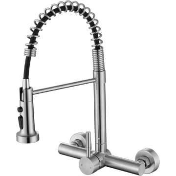 Wall Mount Kitchen Faucet with Pull Out Sprayer, 8 Inch Center Commercial Kitchen Sink Faucet, Spot-Free Stainless Steel, Easy Controlled Cold and Hot Water