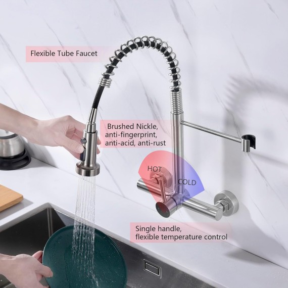 Wall Mount Kitchen Faucet with Pull Out Sprayer, 8 Inch Center Commercial Kitchen Sink Faucet, Spot-Free Stainless Steel, Easy Controlled Cold and Hot Water