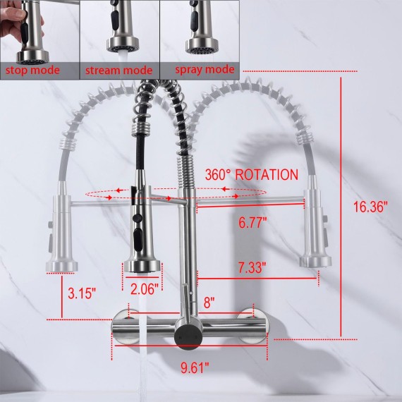 Wall Mount Kitchen Faucet with Pull Out Sprayer, 8 Inch Center Commercial Kitchen Sink Faucet, Spot-Free Stainless Steel, Easy Controlled Cold and Hot Water