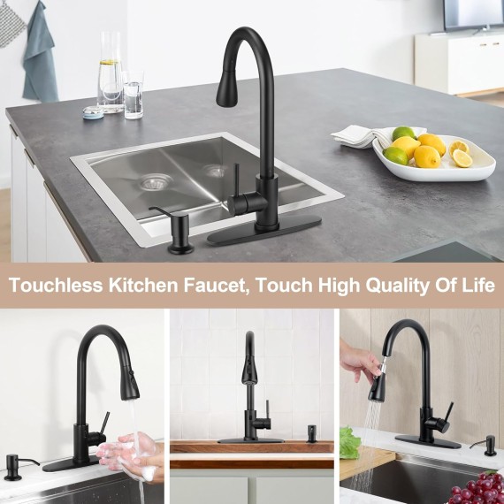 Touchless Kitchen Sink Faucet with Pull Down Sprayer, Herogo Matte Black Stainless Steel Motion Sensor Faucet with Soap Dispenser, Single Handle Smart Activated Kitchen Faucet for Farmhouse RV Sink