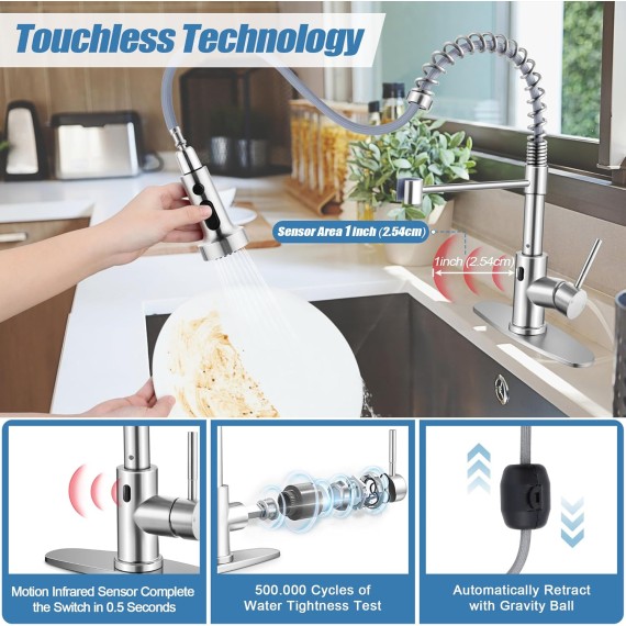 Touchless Kitchen Sink Faucet with Pull Down Sprayer, Automatic Motion Sensor Smart Faucet, Brushed Nickel Single Handle Spring Kitchen Faucets for Vanity Farmhouse RV, Stainless Steel