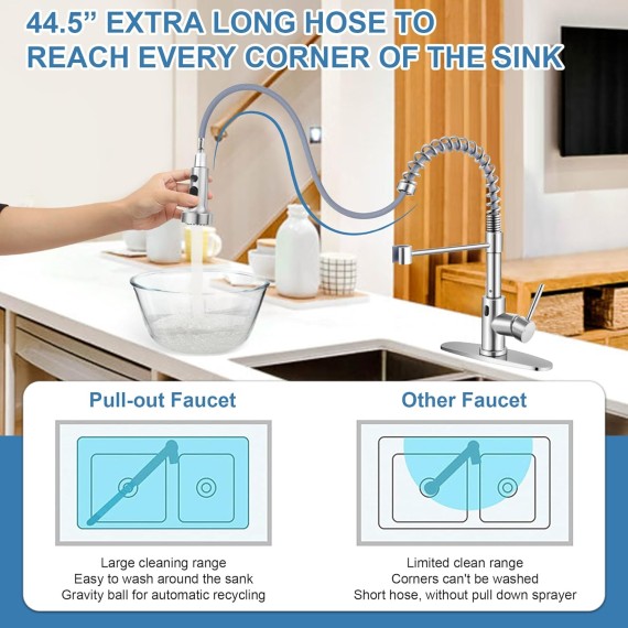 Touchless Kitchen Sink Faucet with Pull Down Sprayer, Automatic Motion Sensor Smart Faucet, Brushed Nickel Single Handle Spring Kitchen Faucets for Vanity Farmhouse RV, Stainless Steel