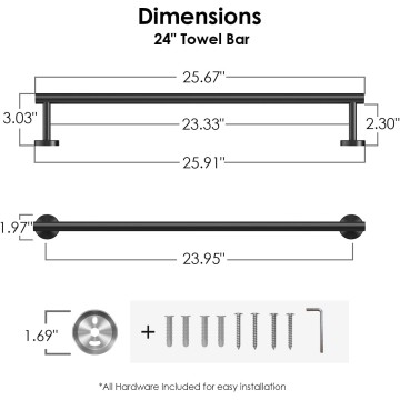 Towel Bar 24 Inch Center to Center, Matte Black Bathroom Towel Rack 304 Stainless Steel, Wall Mounted Towel Holder for Bathroom, Includes Wall Mounting Hardware, Suitable for Bathroom, RV