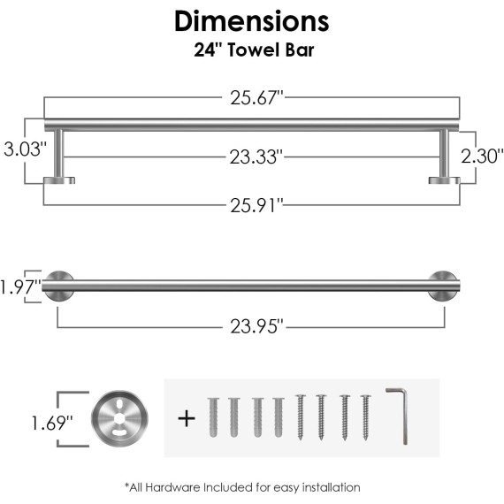 Towel Bar 24 Inch Center to Center, Brushed Nickel Bathroom Towel Rack 304 Stainless Steel, Wall Mounted Towel Holder for Bathroom, includes Wall Mounting Hardware, Suitable for Bathroom, RV