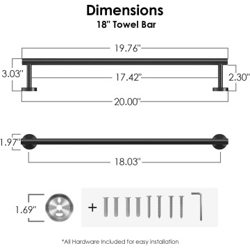 Towel Bar 18 Inch Center to Center, Matte Black Bathroom Towel Rack 304 Stainless Steel, Wall Mounted Towel Holder for Bathroom, Includes Wall Mounting Hardware, Suitable for Bathroom, RV