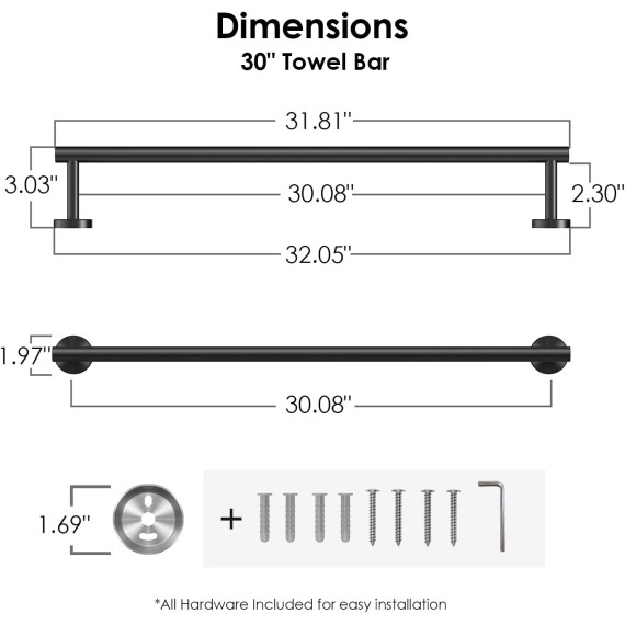 Towel Bar 30 Inch Center to Center, Matte Black Bathroom Towel Rack 304 Stainless Steel, Wall Mounted Towel Holder for Bathroom, Includes Wall Mounting Hardware, Suitable for Bathroom, RV