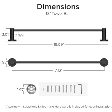 2 Pack 18 Inch Towel Bar Matte Black, 304 Stainless Steel Towel Rack Wall Mounted, Rustproof Bathroom Towel Holder Suitable for Bath, Kitchen, Total Length Total Length 19.09"