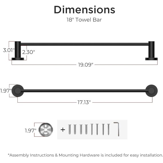 2 Pack 18 Inch Towel Bar Matte Black, 304 Stainless Steel Towel Rack Wall Mounted, Rustproof Bathroom Towel Holder Suitable for Bath, Kitchen, Total Length Total Length 19.09"