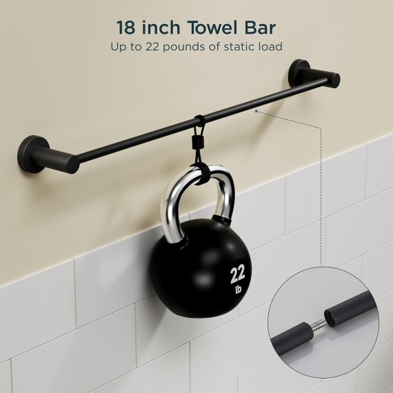 2 Pack 18 Inch Towel Bar Matte Black, 304 Stainless Steel Towel Rack Wall Mounted, Rustproof Bathroom Towel Holder Suitable for Bath, Kitchen, Total Length Total Length 19.09"