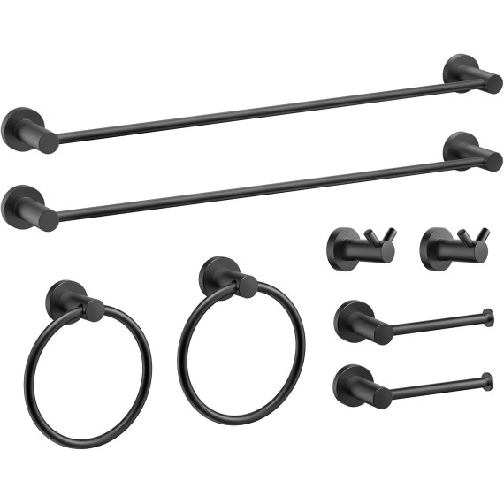 8 Pieces Bathroom Hardware Set, Matte Black Bathroom Accessories Set, SUS304 Thicken Stainless Steel 24 Inch Towel Bar Set, Modern Towel Holder Set, Towel Racks for Bathroom Wall Mounted