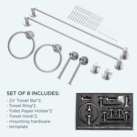 8 Pieces Bathroom Hardware Set, Brushed Nickel Bathroom Accessories Set, SUS304 Thicken Stainless Steel 24 Inch Towel Bar Set, Modern Towel Holder Set, Towel Racks for Bathroom Wall Mounted