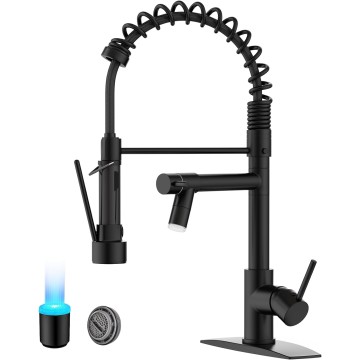 Black Kitchen Faucet, Commercial Kitchen Faucet with Pull Down Sprayer, Double-Headed Spring Kitchen Sink Faucets Stainless Steel with Regular and LED Aerator to Get Different Style,Mat Black