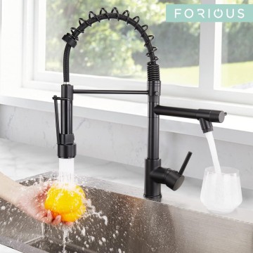 Black Kitchen Faucet, Commercial Kitchen Faucet with Pull Down Sprayer, Double-Headed Spring Kitchen Sink Faucets Stainless Steel with Regular and LED Aerator to Get Different Style,Mat Black