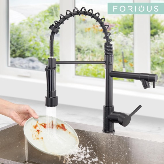 Black Kitchen Faucet, Commercial Kitchen Faucet with Pull Down Sprayer, Double-Headed Spring Kitchen Sink Faucets Stainless Steel with Regular and LED Aerator to Get Different Style,Mat Black