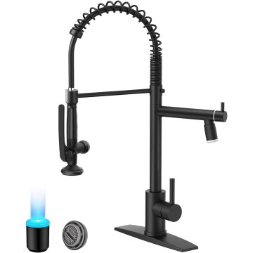 Black Kitchen Faucets, Commercial Kitchen Sink Faucet with Sprayer High Pressure, Double-Headed Spring Kitchen Faucets for Sink Stainless Steel with Regular and LED Aerator, Matte Black