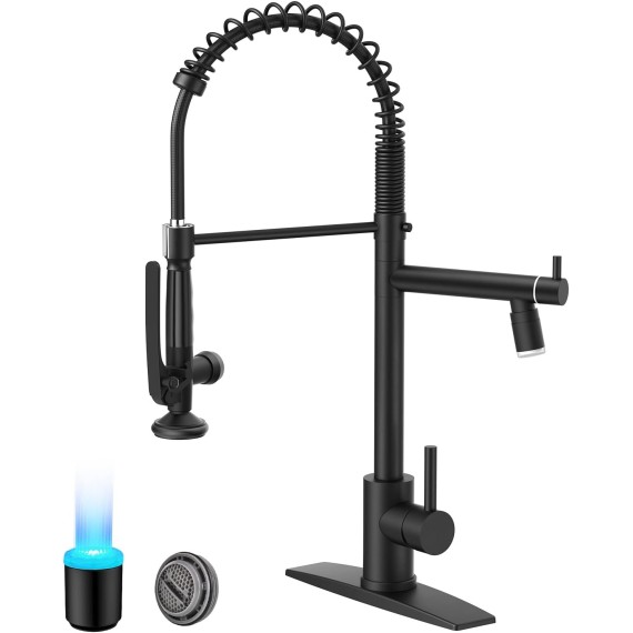 Black Kitchen Faucets, Commercial Kitchen Sink Faucet with Sprayer High Pressure, Double-Headed Spring Kitchen Faucets for Sink Stainless Steel with Regular and LED Aerator, Matte Black