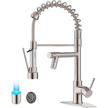 Kitchen Faucet, Commercial Kitchen Faucet with Pull Down Sprayer, Double-Headed Spring Kitchen Sink Faucets Stainless Steel with Regular and LED Aerator to Get Different Style, Brushed Nickel