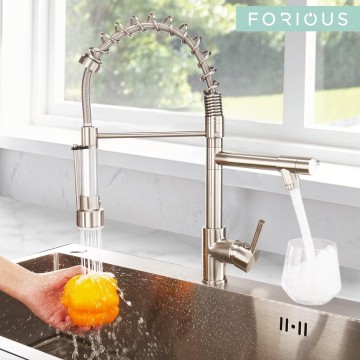 Kitchen Faucet, Commercial Kitchen Faucet with Pull Down Sprayer, Double-Headed Spring Kitchen Sink Faucets Stainless Steel with Regular and LED Aerator to Get Different Style, Brushed Nickel