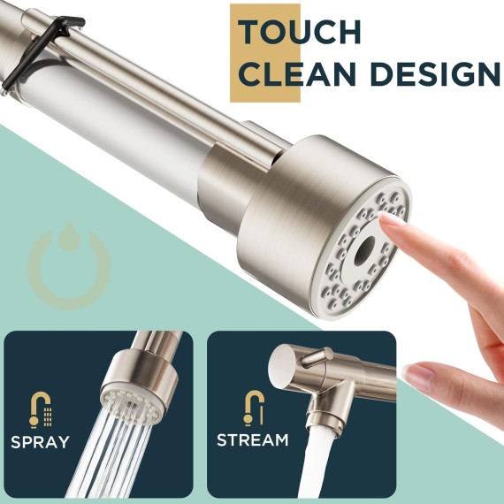 Kitchen Faucet, Commercial Kitchen Faucet with Pull Down Sprayer, Double-Headed Spring Kitchen Sink Faucets Stainless Steel with Regular and LED Aerator to Get Different Style, Brushed Nickel