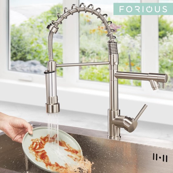 Kitchen Faucet, Commercial Kitchen Faucet with Pull Down Sprayer, Double-Headed Spring Kitchen Sink Faucets Stainless Steel with Regular and LED Aerator to Get Different Style, Brushed Nickel