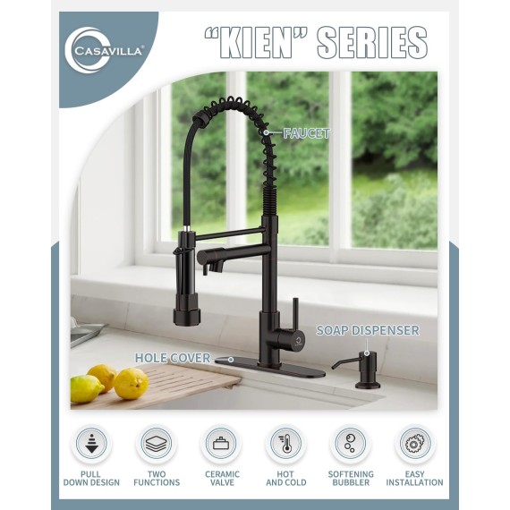 Kitchen Faucet,Oil Rubbed Bronze Kitchen Faucet with Soap Dispenser,Black Kitchen Faucets with Pull Down Sprayer,Kitchen Sink Faucet with Dual Function Spray Head for 1-4 Holes Kitchen Sink