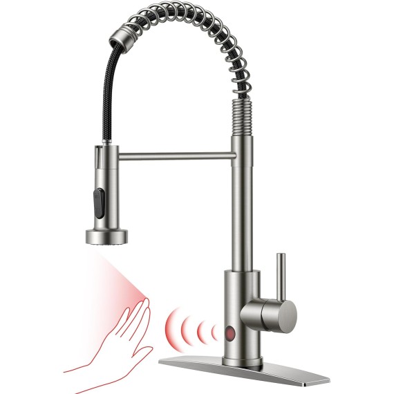 Touchless Kitchen Faucet, Brushed Nickel Kitchen Sink Faucet with Pull Down Sprayer, Smart Motion Sensor Commercial Kitchen Faucet, Contemporary Hands-Free Sink Faucet for Laundry Utility Room