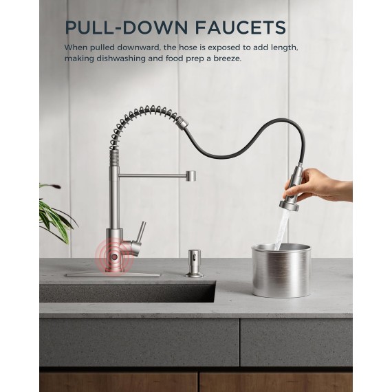 Touchless Kitchen Faucet, Brushed Nickel Kitchen Sink Faucet with Pull Down Sprayer, Smart Motion Sensor Commercial Kitchen Faucet, Contemporary Hands-Free Sink Faucet for Laundry Utility Room