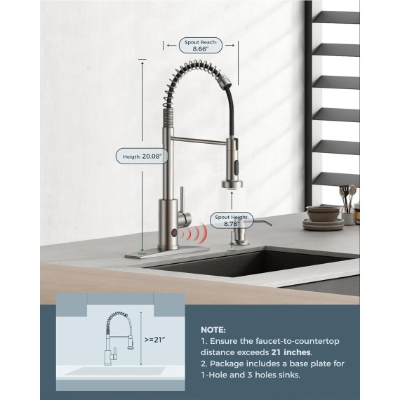 Touchless Kitchen Faucet, Brushed Nickel Kitchen Sink Faucet with Pull Down Sprayer, Smart Motion Sensor Commercial Kitchen Faucet, Contemporary Hands-Free Sink Faucet for Laundry Utility Room