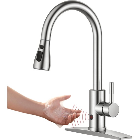 Touchless Kitchen Faucets, Brushed Nickel Kitchen Faucet with Pull Down Sprayer, Smart Motion Sensor Single Handle Kitchen Sink Faucet, Hands-Free Sink Faucet for Farmhouse Camper Laundry Rv