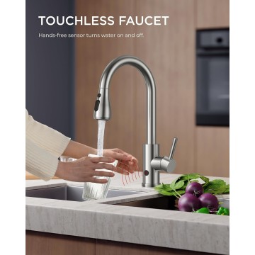 Touchless Kitchen Faucets, Brushed Nickel Kitchen Faucet with Pull Down Sprayer, Smart Motion Sensor Single Handle Kitchen Sink Faucet, Hands-Free Sink Faucet for Farmhouse Camper Laundry Rv