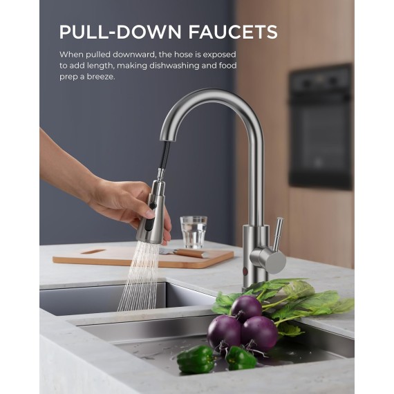 Touchless Kitchen Faucets, Brushed Nickel Kitchen Faucet with Pull Down Sprayer, Smart Motion Sensor Single Handle Kitchen Sink Faucet, Hands-Free Sink Faucet for Farmhouse Camper Laundry Rv