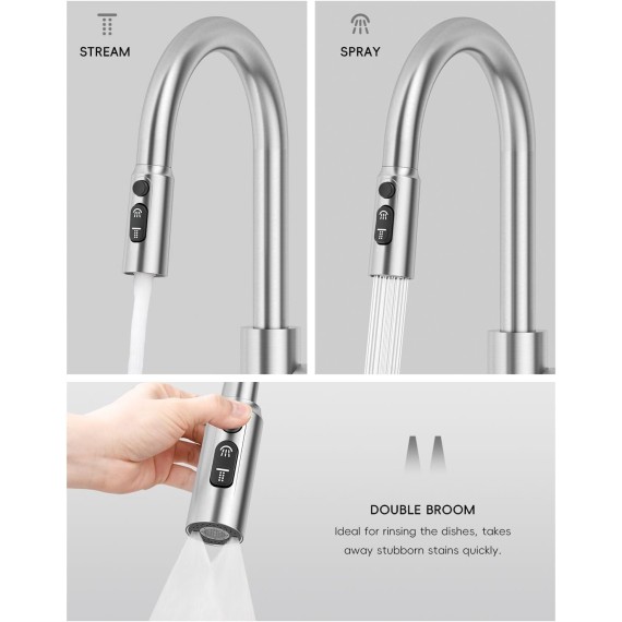 Brushed Nickel Kitchen Faucet with Pull Down Sprayer, 3 Modes High Arc Single Handle Kitchen Sink Faucet, Stainless Steel 1 or 3 Holes Kitchen Faucet with Sprayer for Farmhouse Laundry