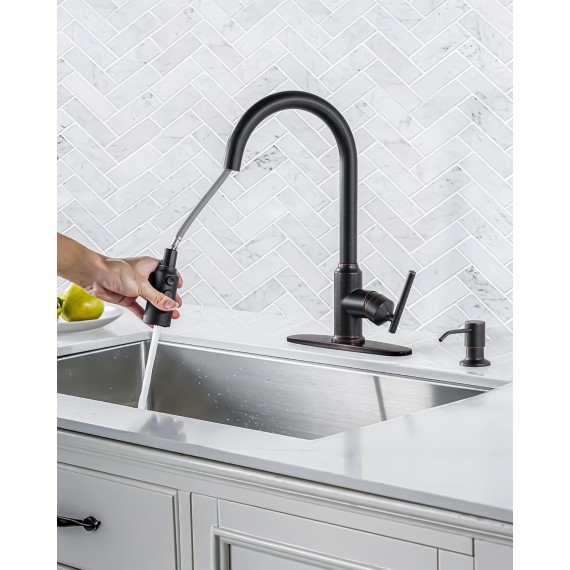 Kitchen Faucets with Pull Down Sprayer, Oil Rubbed Bronze Kitchen Faucet, 304 Stainless Steel High Arc Single Handle Pull Down Kitchen Faucet for Kitchen Sink Faucet with Soap Dispenser