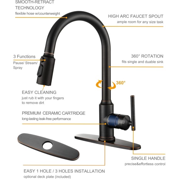 Kitchen Faucets with Pull Down Sprayer, Oil Rubbed Bronze Kitchen Faucet, 304 Stainless Steel High Arc Single Handle Pull Down Kitchen Faucet for Kitchen Sink Faucet with Soap Dispenser