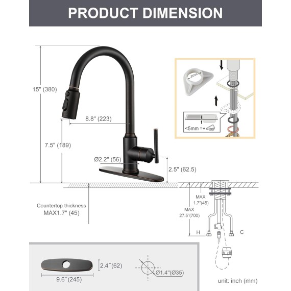 Kitchen Faucets with Pull Down Sprayer, Oil Rubbed Bronze Kitchen Faucet, 304 Stainless Steel High Arc Single Handle Pull Down Kitchen Faucet for Kitchen Sink Faucet with Soap Dispenser