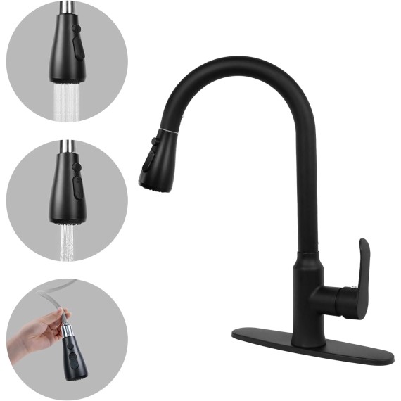 Kitchen Faucets with Pull Down Sprayer, Matte Black, Stainless Steel Kitchen Sink Faucet with High Arc Sprayer, Single Handle Commercial Kitchen Faucet for RV, Bar, Laundry