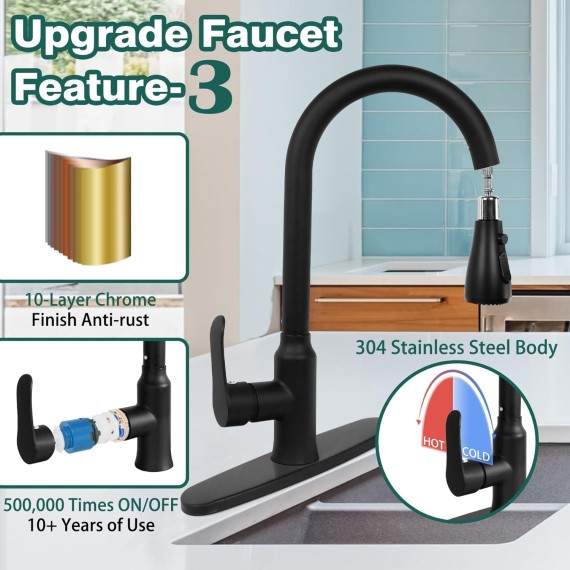 Kitchen Faucets with Pull Down Sprayer, Matte Black, Stainless Steel Kitchen Sink Faucet with High Arc Sprayer, Single Handle Commercial Kitchen Faucet for RV, Bar, Laundry