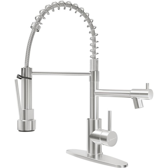 Commerical Kitchen Faucet with Pull Down Sprayer, Kitchen Sink Faucet with Pot Filler Single Handle Two Spout Stainless Steel with Deck Plate for Bar Laundry RV Utility Sink，Brushed Nickel