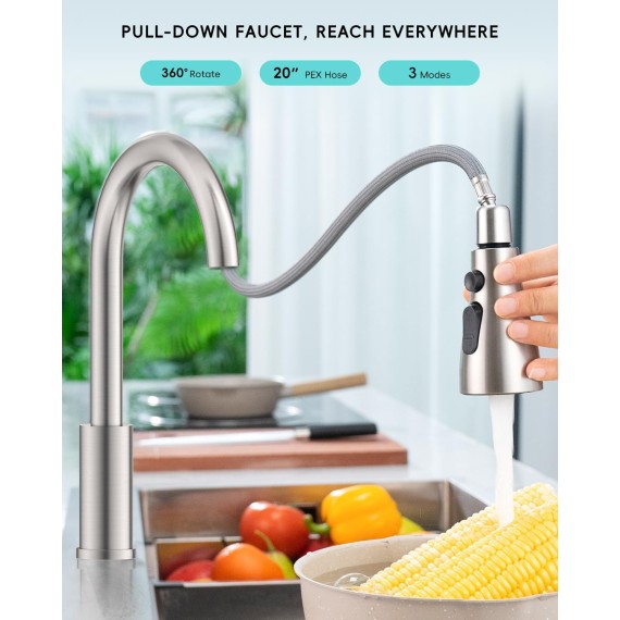 Brushed Nickel Kitchen Faucet, Modern 3 Modes Kitchen Faucets with Pull Down Sprayer, Stainless Steel High Arch Single Handle Kitchen Sink Faucets with Sprayer for Farmhouse Laundry