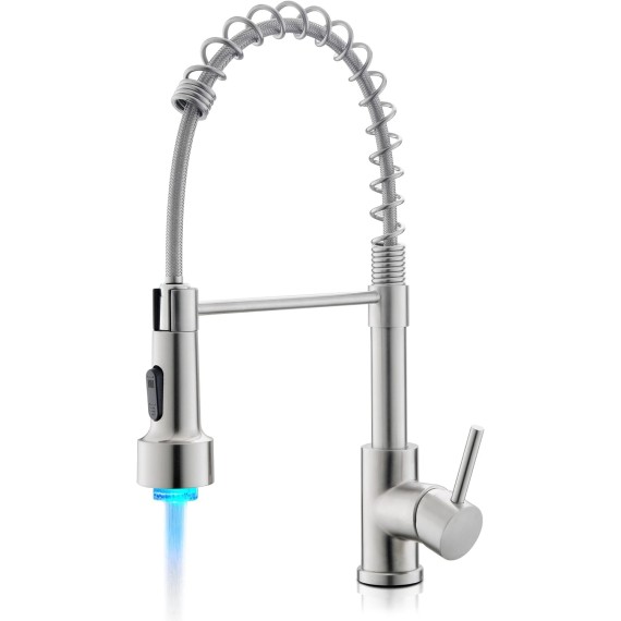 Kitchen Faucet with Pull Down Sprayer LED Light, High Arc Kitchen Faucets Single Hole 304 Stainless Steel Kitchen Sink Faucet Faucet for Bar Sink Rv, Brushed Nickel