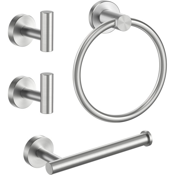 4 Piece Toilet Paper Holder Set Brushed Nickel, SUS304 Stainless Steel Bathroom Towel Holder, Wall Mounted Bathroom Hardware Set with Hand Towel Ring and TP Holder and Towel Hooks