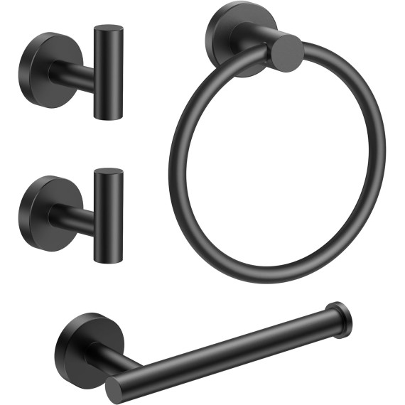 4 Piece Toilet Paper Holder Set Matte Black, SUS304 Stainless Steel Bathroom Towel Holder, Wall Mounted Bathroom Hardware Set with Hand Towel Ring and TP Holder and Towel Hooks