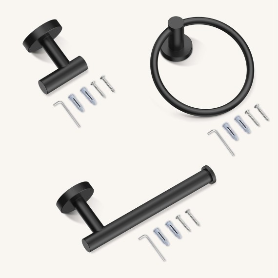 4 Piece Toilet Paper Holder Set Matte Black, SUS304 Stainless Steel Bathroom Towel Holder, Wall Mounted Bathroom Hardware Set with Hand Towel Ring and TP Holder and Towel Hooks