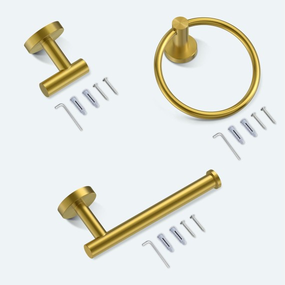 4 Piece Dark Gold Bathroom Accessories Set, SUS304 Stainless Steel Bathroom Toilet Paper Holder Set, Wall Mounted Bathroom Hardware Set with Hand Towel Ring and TP Holder and Towel hooks