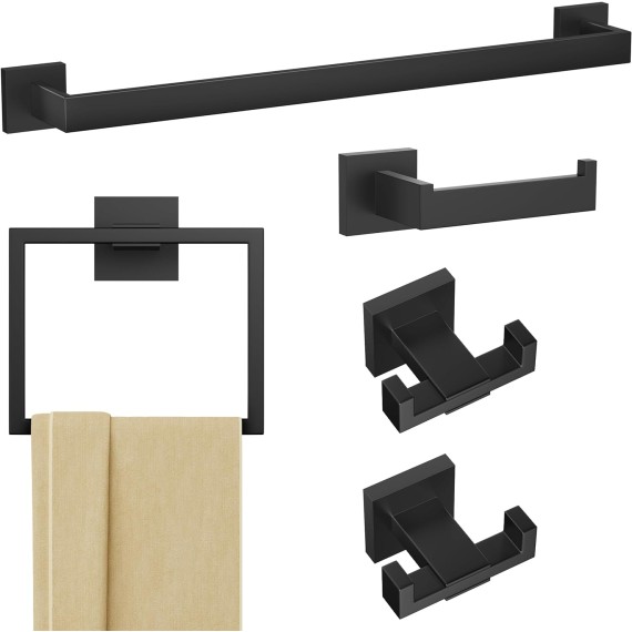 5 Pieces Towel Bar Set 24 inch Matte Black, SUS304 Stainless Steel Bathroom Towel Holder Set, Black Bathroom Accessories Set, Bathroom Hardware Set Wall Mounted Towel Rack for Bathroom