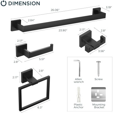 5 Pieces Towel Bar Set 24 inch Matte Black, SUS304 Stainless Steel Bathroom Towel Holder Set, Black Bathroom Accessories Set, Bathroom Hardware Set Wall Mounted Towel Rack for Bathroom