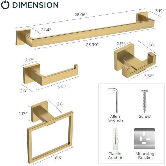 5 Pieces Towel Bar Set 24 inch Brushed Gold, SUS304 Stainless Steel Bathroom Towel Holder Set, Black Bathroom Accessories Set, Bathroom Hardware Set Wall Mounted Towel Rack for Bathroom