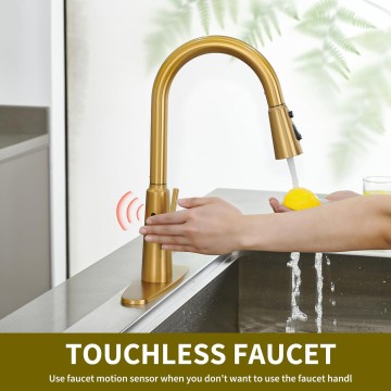 Tohlar Gold Touchless Kitchen Sink Faucet, Smart Bar Faucets with Pull Down Sprayer, 1 or 3 Hole Design Single Handle 304 Stainless Steel Motion Sensor Faucets for Kitchen Bar Sink RV