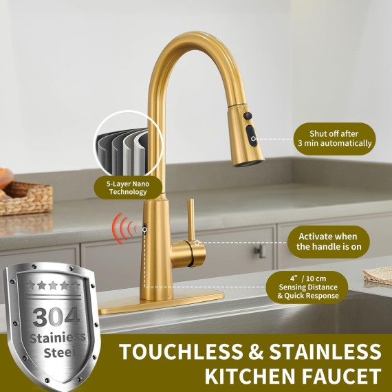 Tohlar Gold Touchless Kitchen Sink Faucet, Smart Bar Faucets with Pull Down Sprayer, 1 or 3 Hole Design Single Handle 304 Stainless Steel Motion Sensor Faucets for Kitchen Bar Sink RV