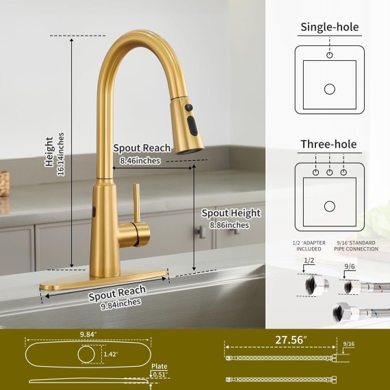 Tohlar Gold Touchless Kitchen Sink Faucet, Smart Bar Faucets with Pull Down Sprayer, 1 or 3 Hole Design Single Handle 304 Stainless Steel Motion Sensor Faucets for Kitchen Bar Sink RV